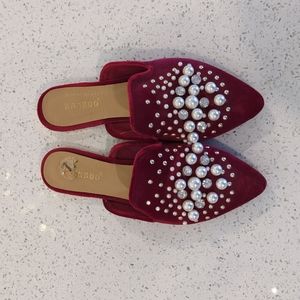 EUC red velvet embellished mules